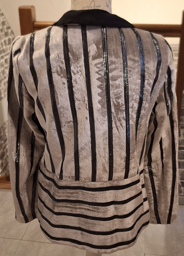 Magnifique blazer argenté et noir à rayures brillantes idéal pour les fêtes - photo numéro 5