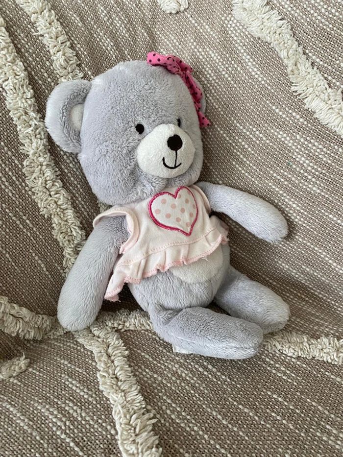 Peluche doudou 31cm orchestra ours gris et rose très bon état - photo numéro 2