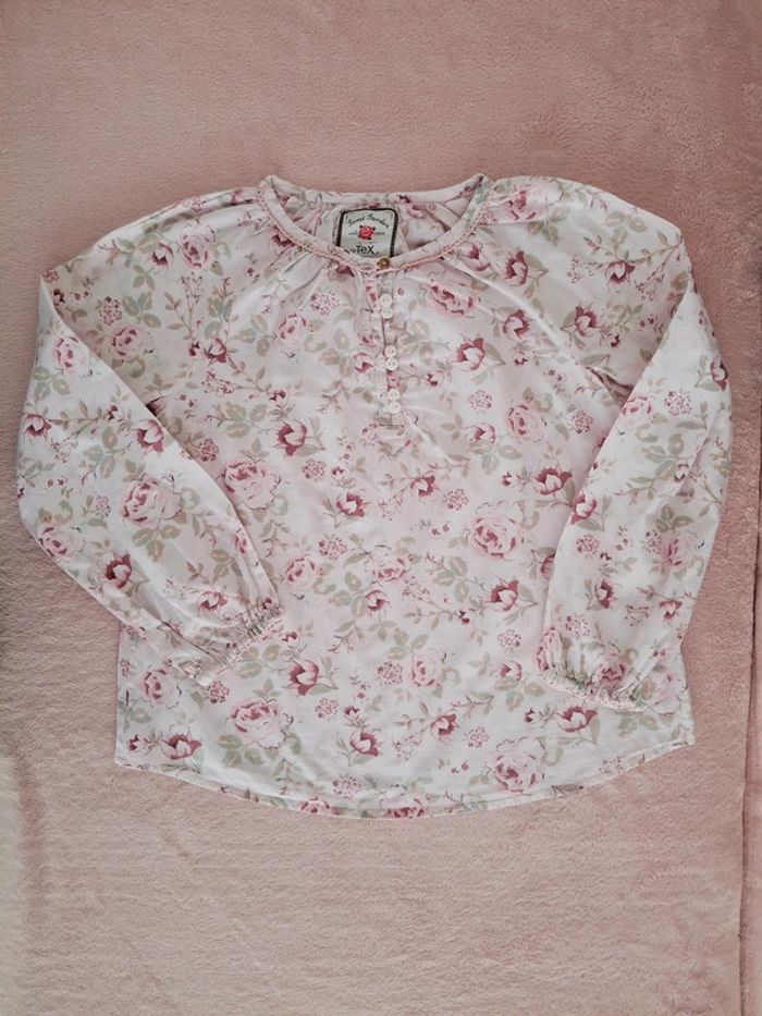 Blouse chemisier manches longues 10 ans Tex blanche motifs fleurs roses