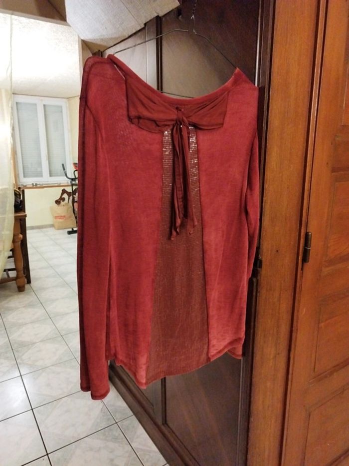 T-shirt top bordeaux sequin nœud dos y2k L/40