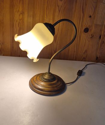 Lampe à poser tulipe col de cygne en laiton et opaline vintage art deco