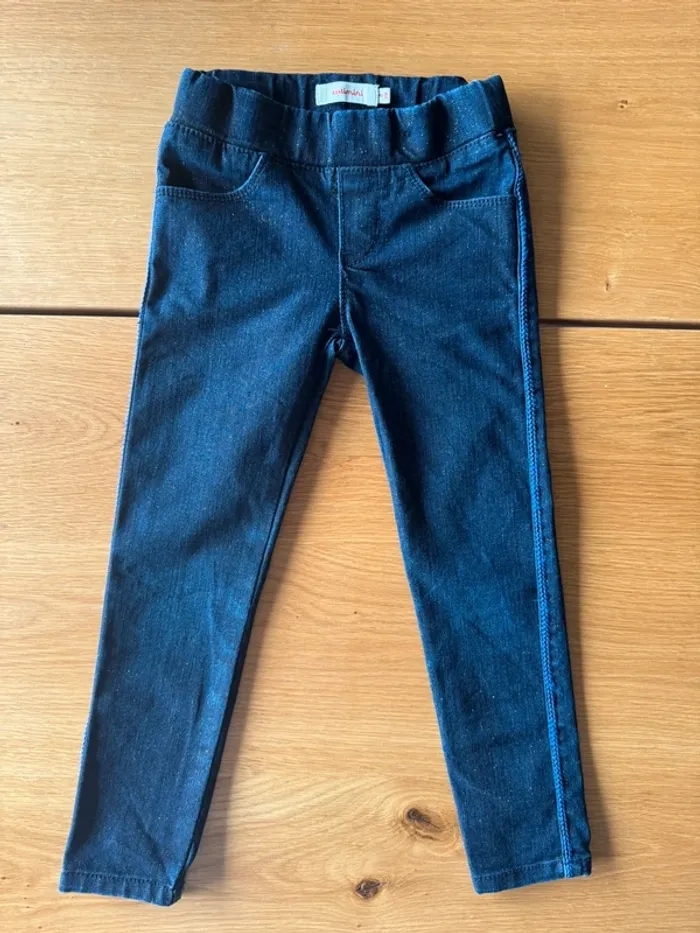 Tenue 2 pièces, tregging jeans pailleté bleu denim et top ML beige cœur sequins - Taille 4 Ans - photo numéro 11