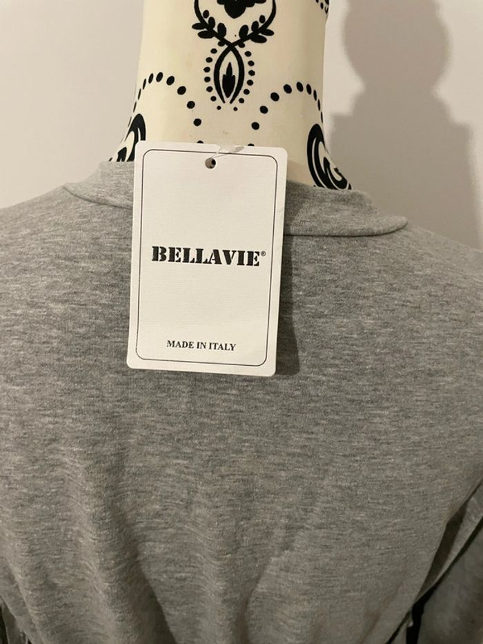 Pull sweat long gris à manches longues à frange western ceinture noir neuf Bellavie taille 40 - photo numéro 6
