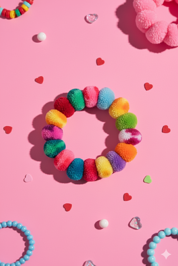 Colorful Handmade Pom Pom Bracelet & Hair Tie – Unique Boho Accessory - photo numéro 5