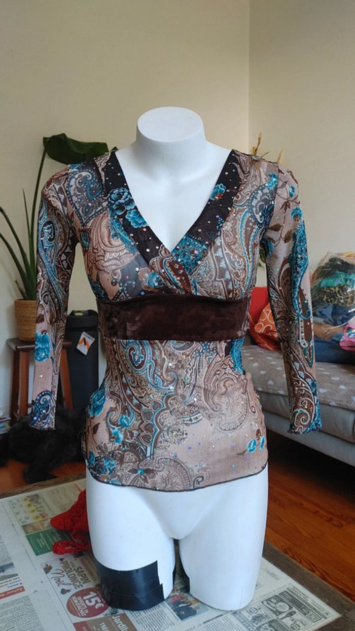Top vintage paillettes tissu mesh semi transparent - photo numéro 2
