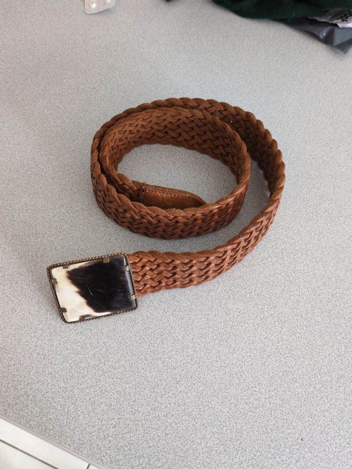 Ceinture en cuir tressée boucle céramique 88cm