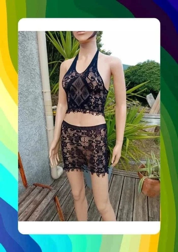 Ensemble haut +jupe de plage noir dentelle resille S - photo numéro 2
