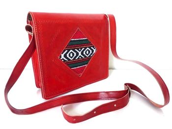 Sac bandoulière NEUF cuir pleine fleur tannage naturel rouge & laine Kilim Besace Ethnique