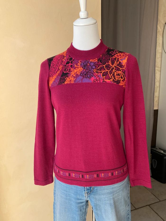 Pull col cheminée fuchsia motifs fleurs vintage T0 - photo numéro 3