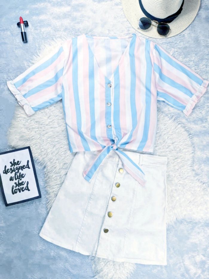 Chemisier crop top à nouer à la taille rayé couleurs pastel- T.S ou T.36 🖤