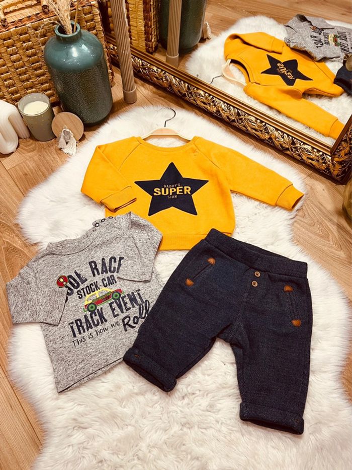 Taille 3 mois ensemble 3 pièces garçon Obaibi primark gris bleu marine et moutarde * daddy’s * 💙