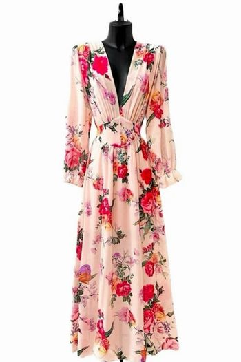 Robe longue rose à fleurs rouges 