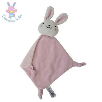 Doudou plat Lapin grelot rose blanc et rayé TOM & KIDDY