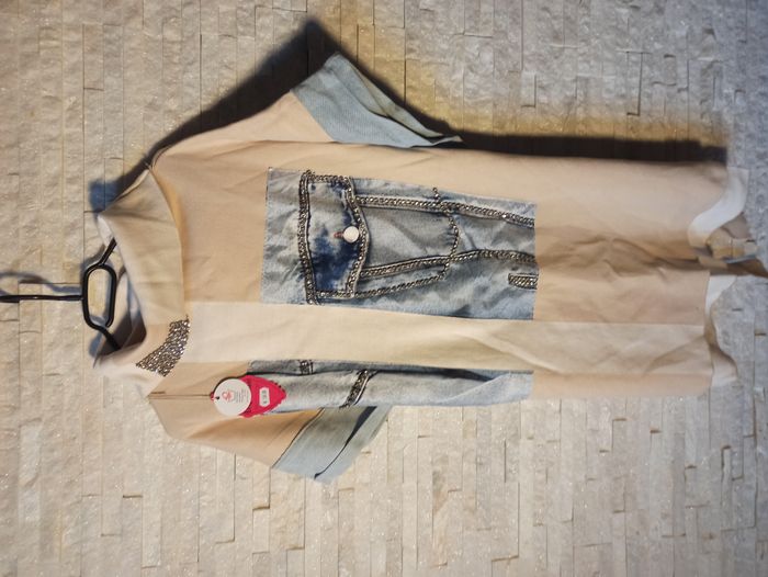 Robe Pull Beige et Jeans avec Strass Femme NEUF Taille L