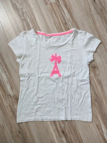 T shirt 8 ans blanc avec tour Eiffel rose fluo en sequins in extenso