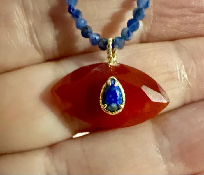 Collier chaîne réglable œil inerte véritables cornaline perles lapis-lazuli habaha Paris - photo numéro 2