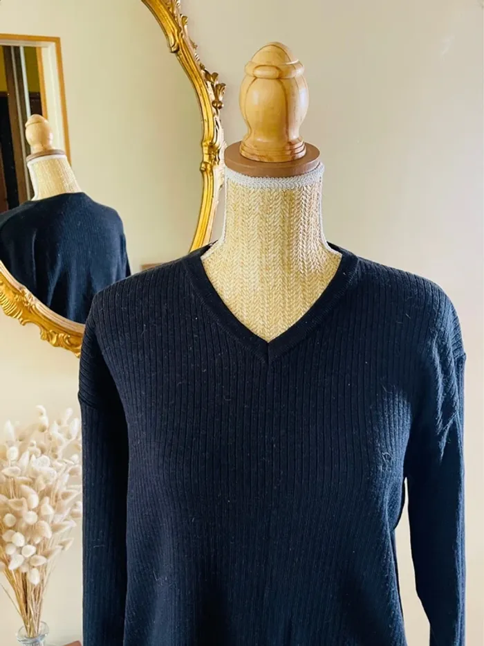 sublime Pull col V maille côtelée noir manches longues Camel Collection - photo numéro 2