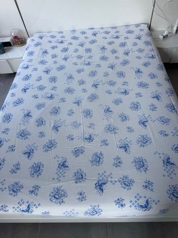 Drap-housse lit 2 places blanc et bleu motifs papillon fleurs