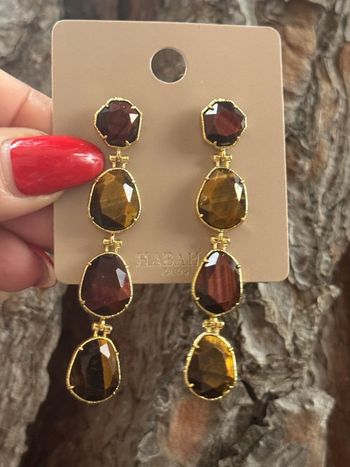 Superbes boucles d’oreilles longue acier inoxydable or pierres véritables naturelles œil de taureau 