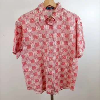 Chemise vintage New Man à manches courtes imprimé carreaux patchwork rouge et blanc A1521