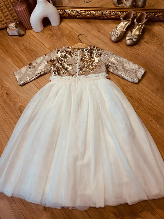 Taille 3-4 ans robe longue créateur fille TAO blanche doré * sequins réversibles tulle * 💞 - photo numéro 7