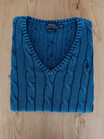 Pull col V torsadé bleu femme tressé Ralph Lauren taille S