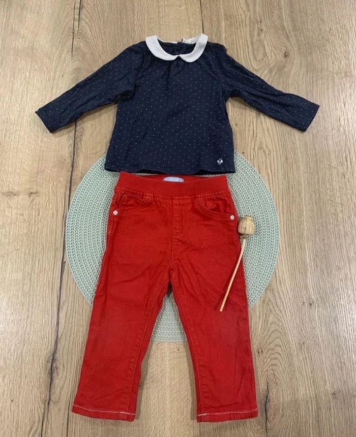 Ensemble fille pentalon rouge et haut bleu - 12mois - obaibi - photo numéro 7