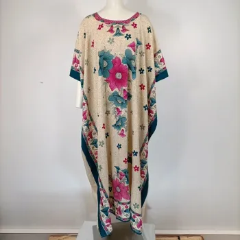 Tunique robe indienne 100 % soie longue imprimé fleuri coloré taille L ethnique bohème A148