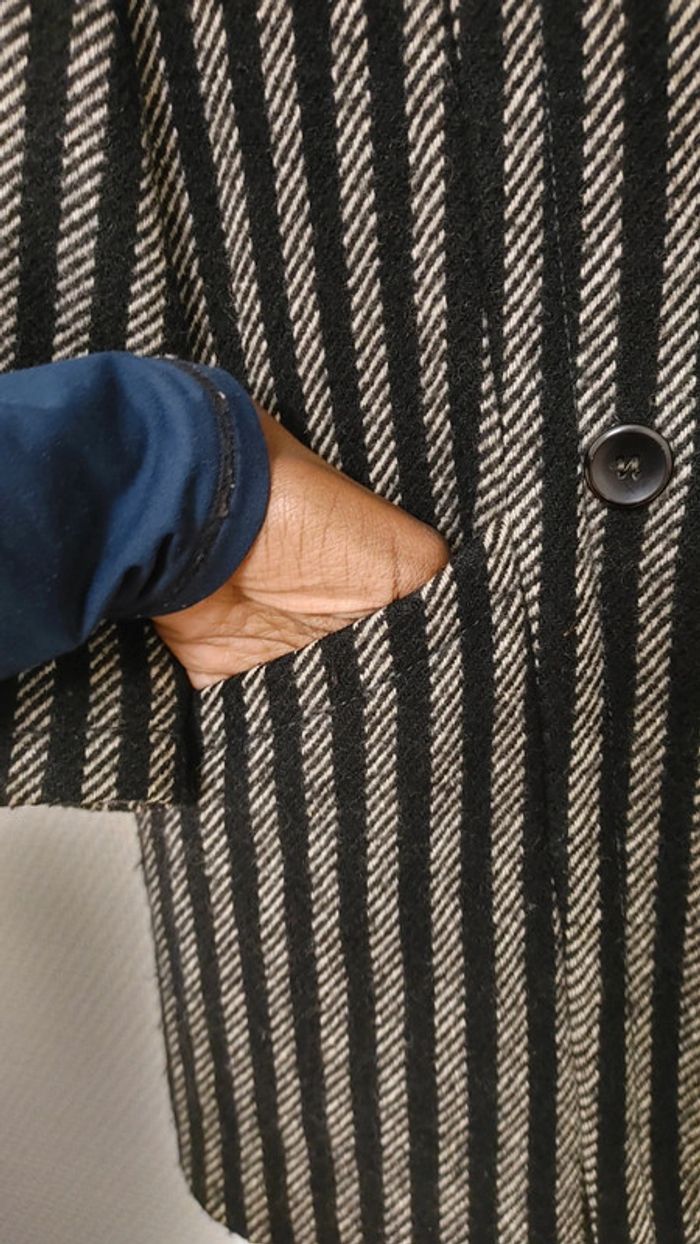 Veste manteau vintage en laine mélanger motif chevron rayé noir - photo numéro 7
