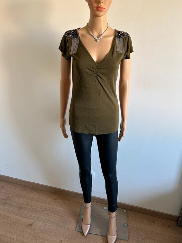 Teeshirt kaki à manches courtes Morgan taille XS TBE - photo numéro 3