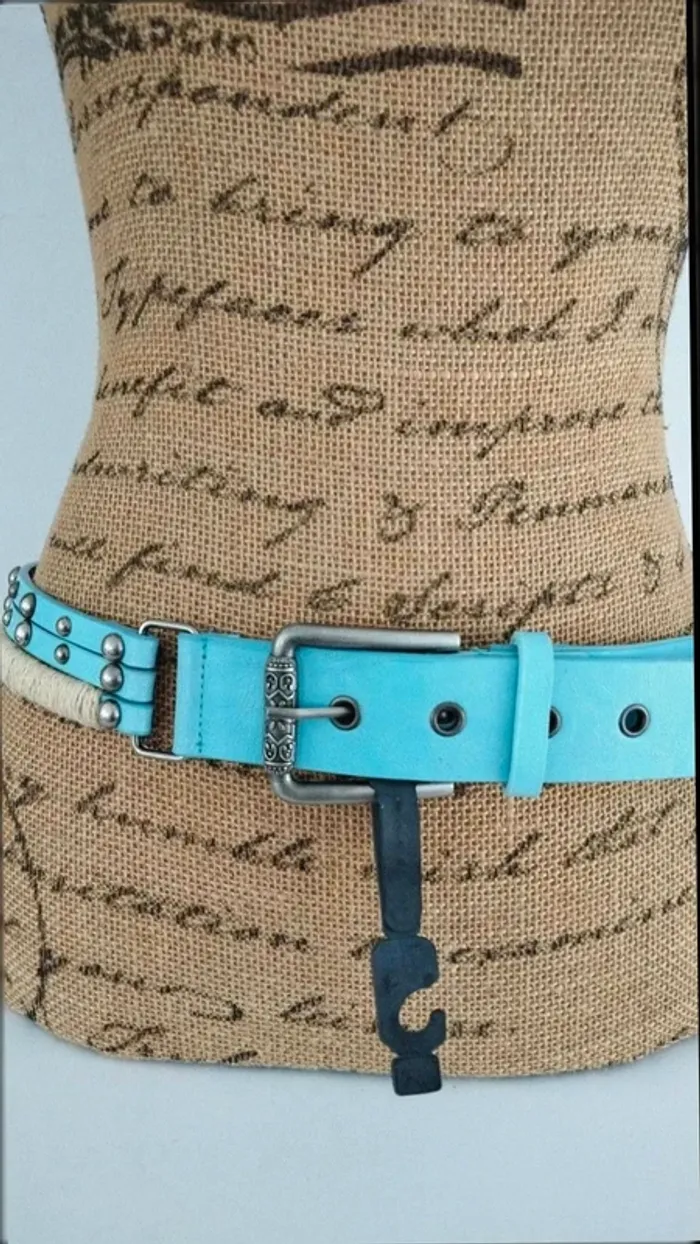 Ceinture trois rangs clous gris bleu beige 90 cm - photo numéro 3