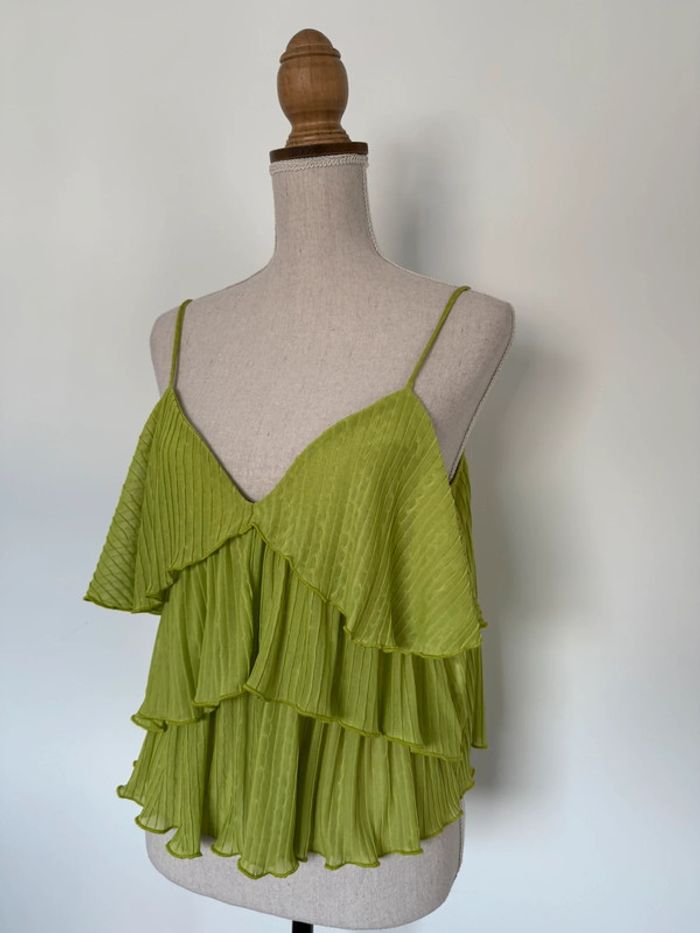 T-shirt top bretelles Zara été débardeur volants fluide plissé M vert pomme Haut camisa léger - photo numéro 5