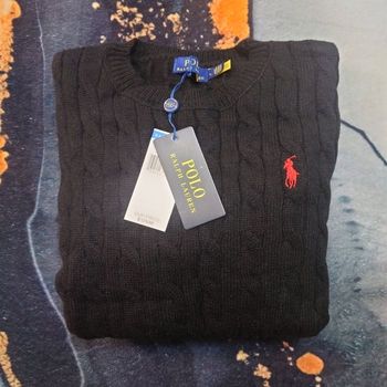 Pull torsadé col rond Polo Ralph Lauren noir logo brodé rouge taille L