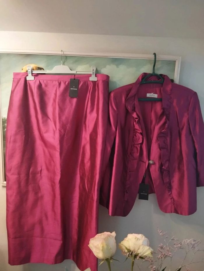 🌹 Ensemble Veste & Jupe Magenta Pure Soie Sintesis T50/52🌹 - photo numéro 18
