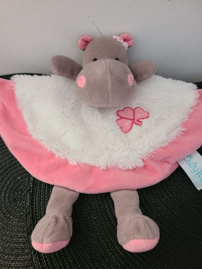 Doudou plat Hippopotame Zoé marron blanc rose BABY NAT - photo numéro 2