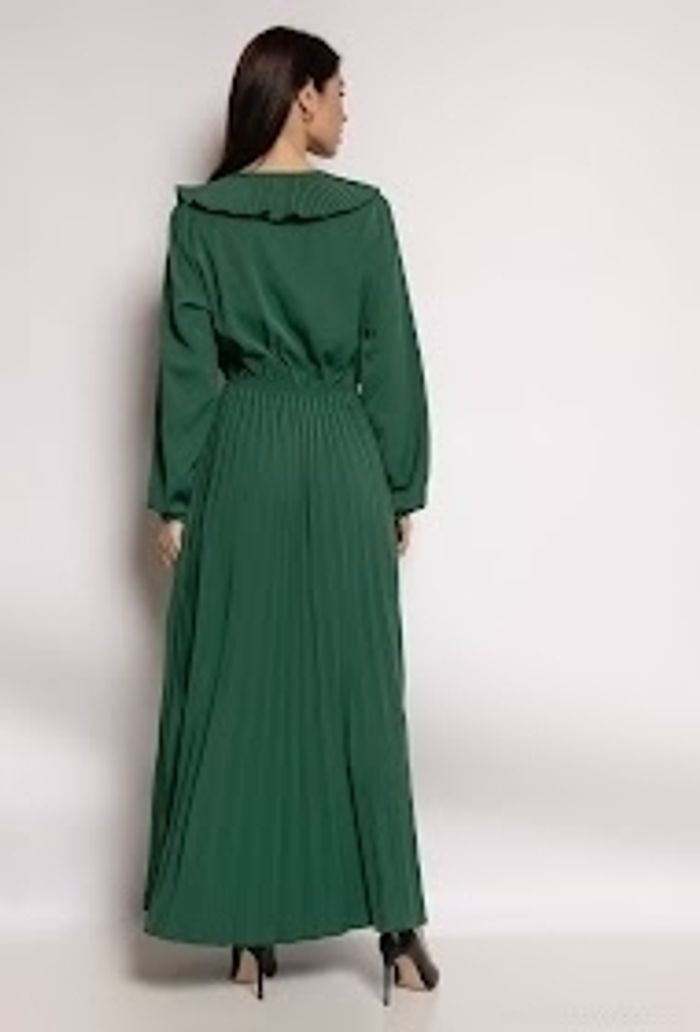 Robe longue d'été ou cérémonie vert sapin manche longue bas plissé et décolleté froufrou taille 40/42 - photo numéro 3