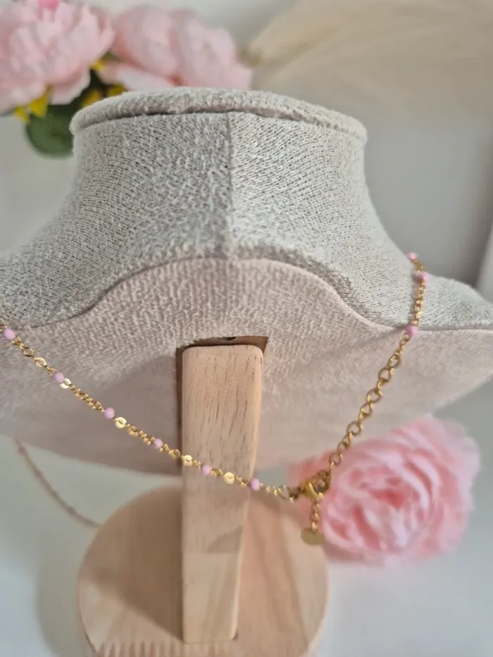 Parure de 2 bijoux : en acier inoxydable collier long et bracelet perles rose clair - photo numéro 4
