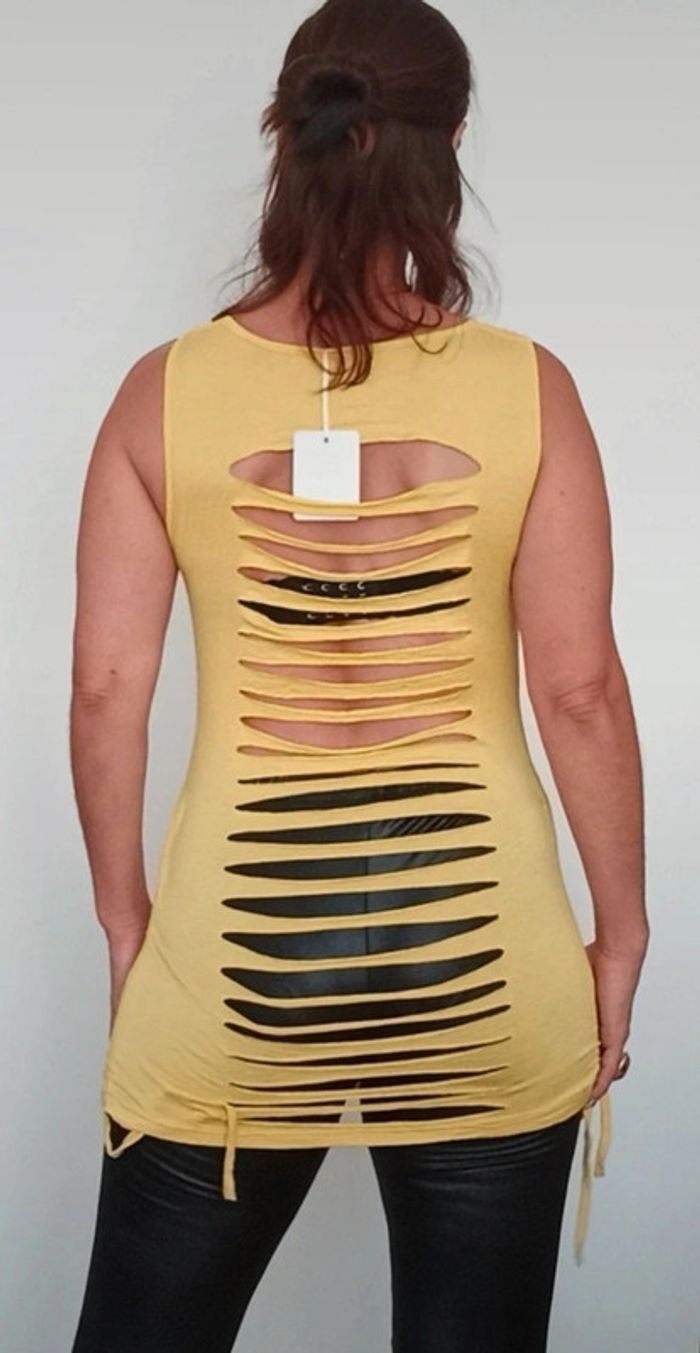 Tunique jaune dos nu ouvert frangé neuve TU - photo numéro 5