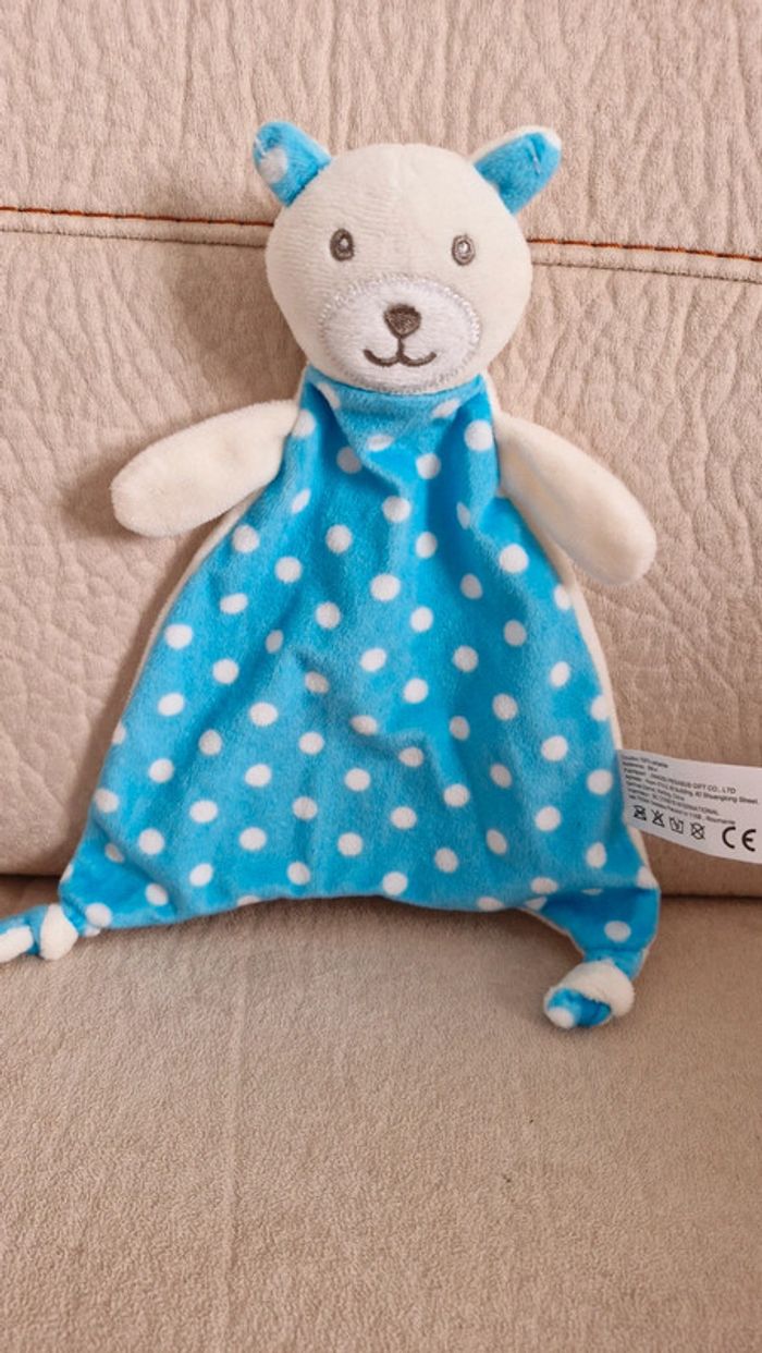 Doudou plat ourson bleu à pois blanc