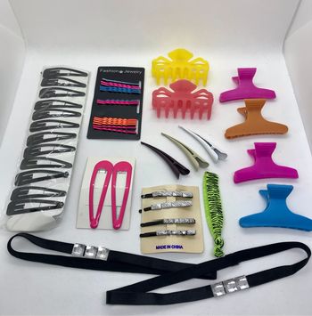 Lot 45 accessoires cheveux  barrettes élastiques pinces clips bandeaux serre têtes fluo noir