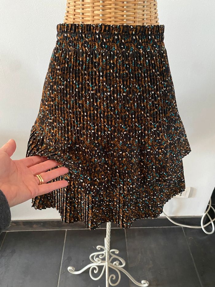Jupe Promod plissée marron noire crème et bleu à volants taille 38 - photo numéro 5