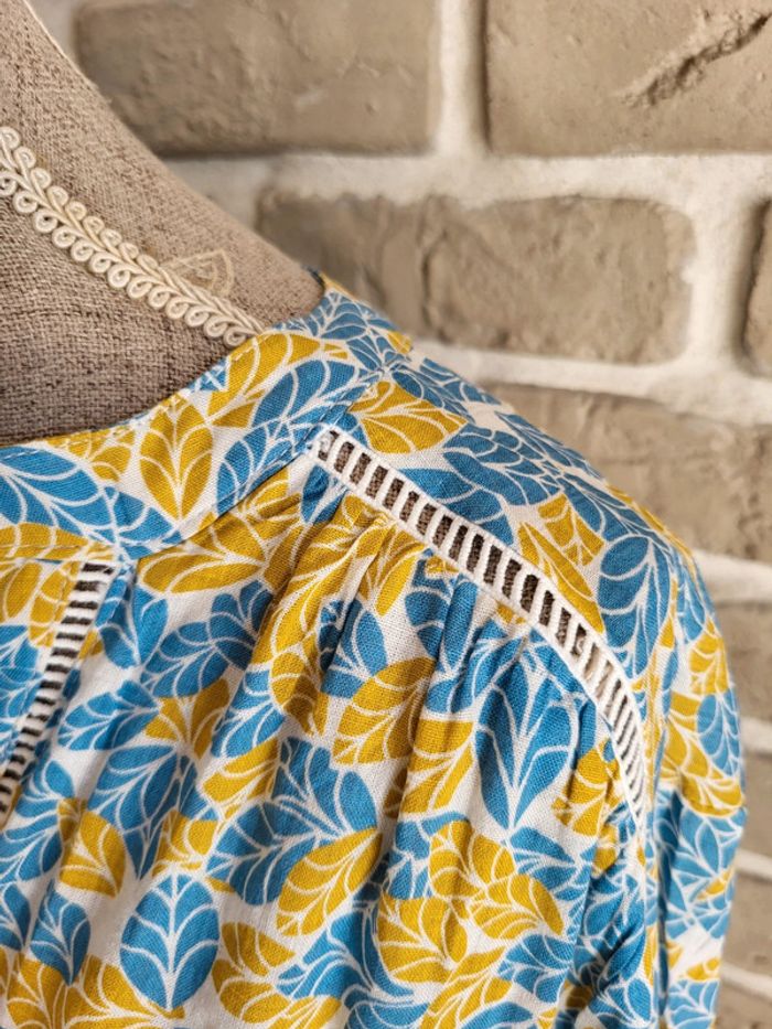 Blouse imprimée feuillage jaune moutarde et bleu clair - rétro champêtre - photo numéro 5