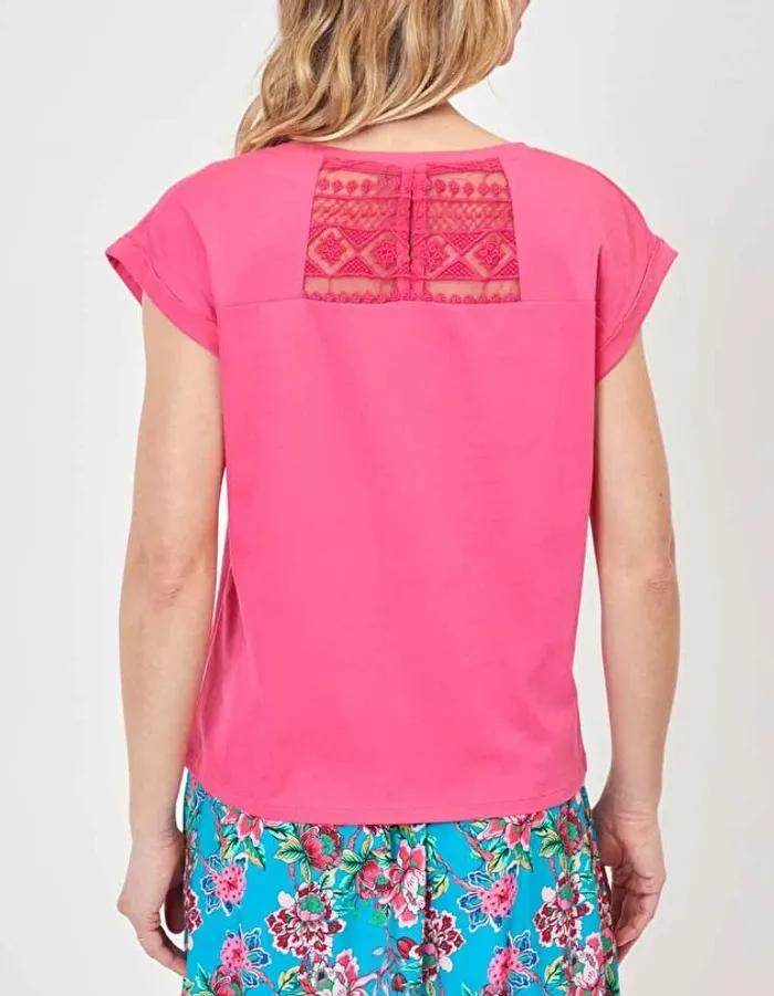Tee shirt coton bio dentelle CEBANE - taille 46 - couleur framboise - La Fiancée - photo numéro 2