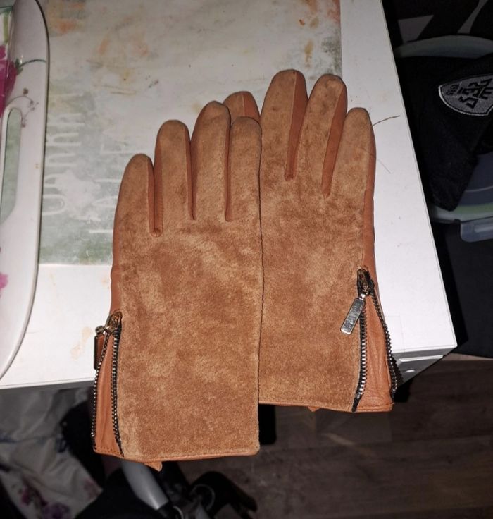 Gants camel/marrons en simili cuir et Daim. - photo numéro 3