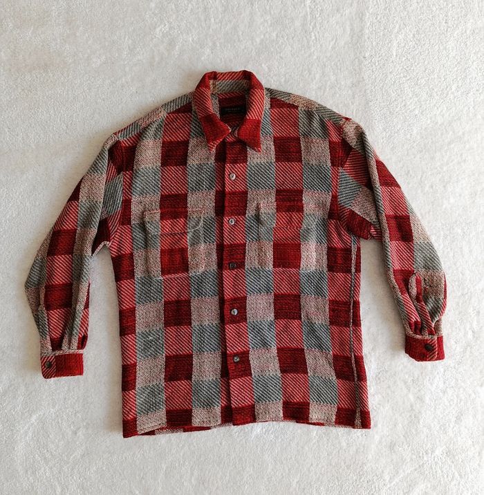 Veste chemise Equipment M à carreaux rouge bordeaux beige laine coto made un France - photo numéro 3