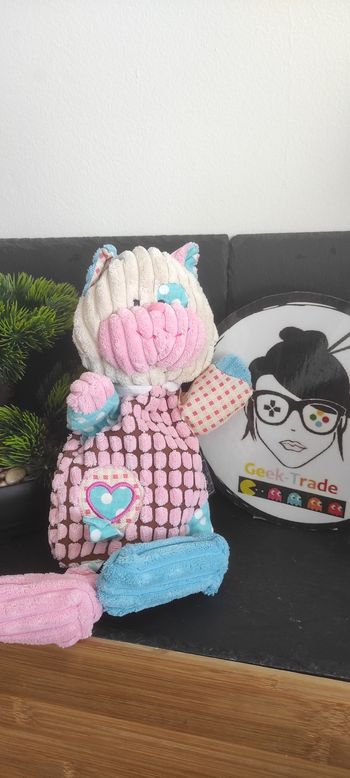 Histoire d'ours Bric à brac doudou marionnette chat rose bleu beige Marionnette