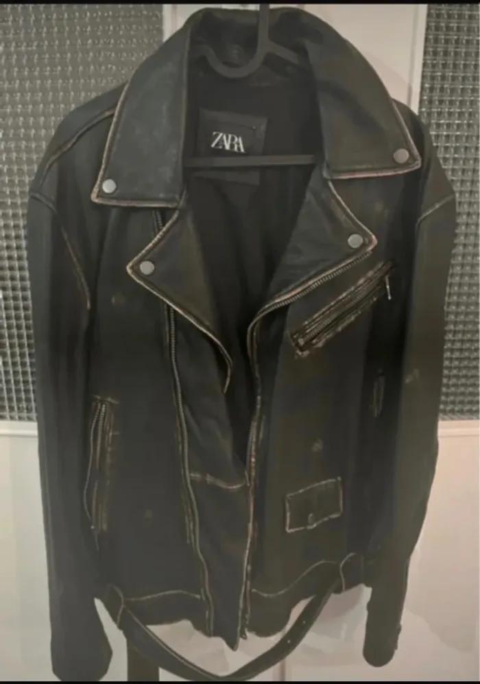 Veste Biker en cuir Homme Zara
