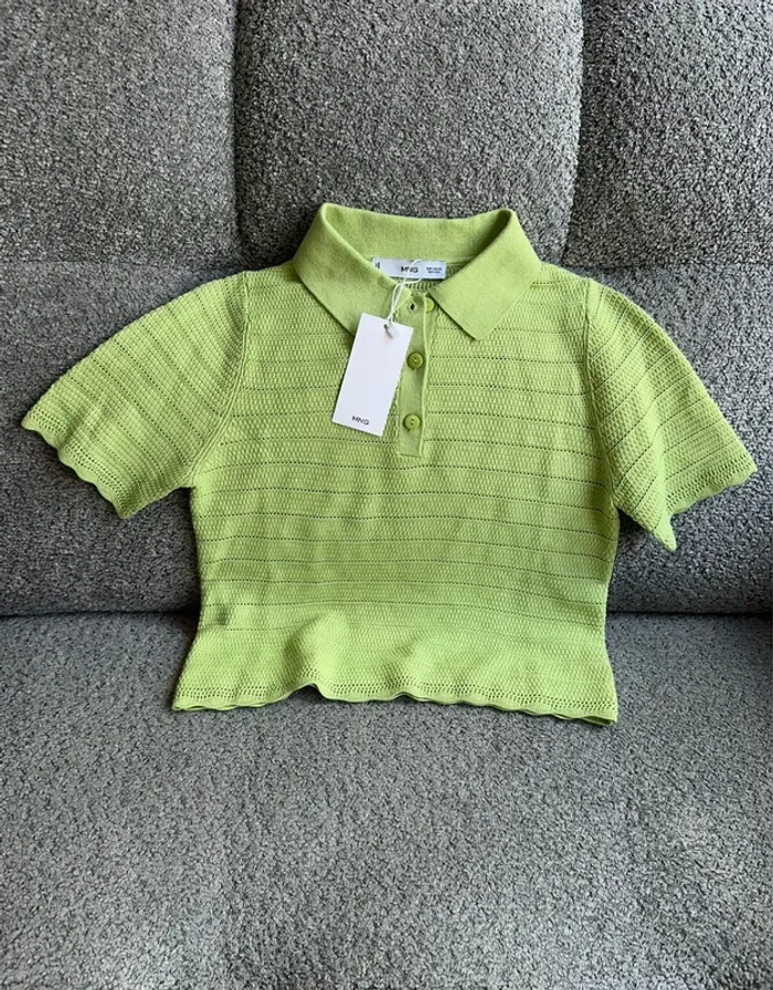 Top haut pull court col polo manches courtes jaune / vert Mango neuf - photo numéro 2