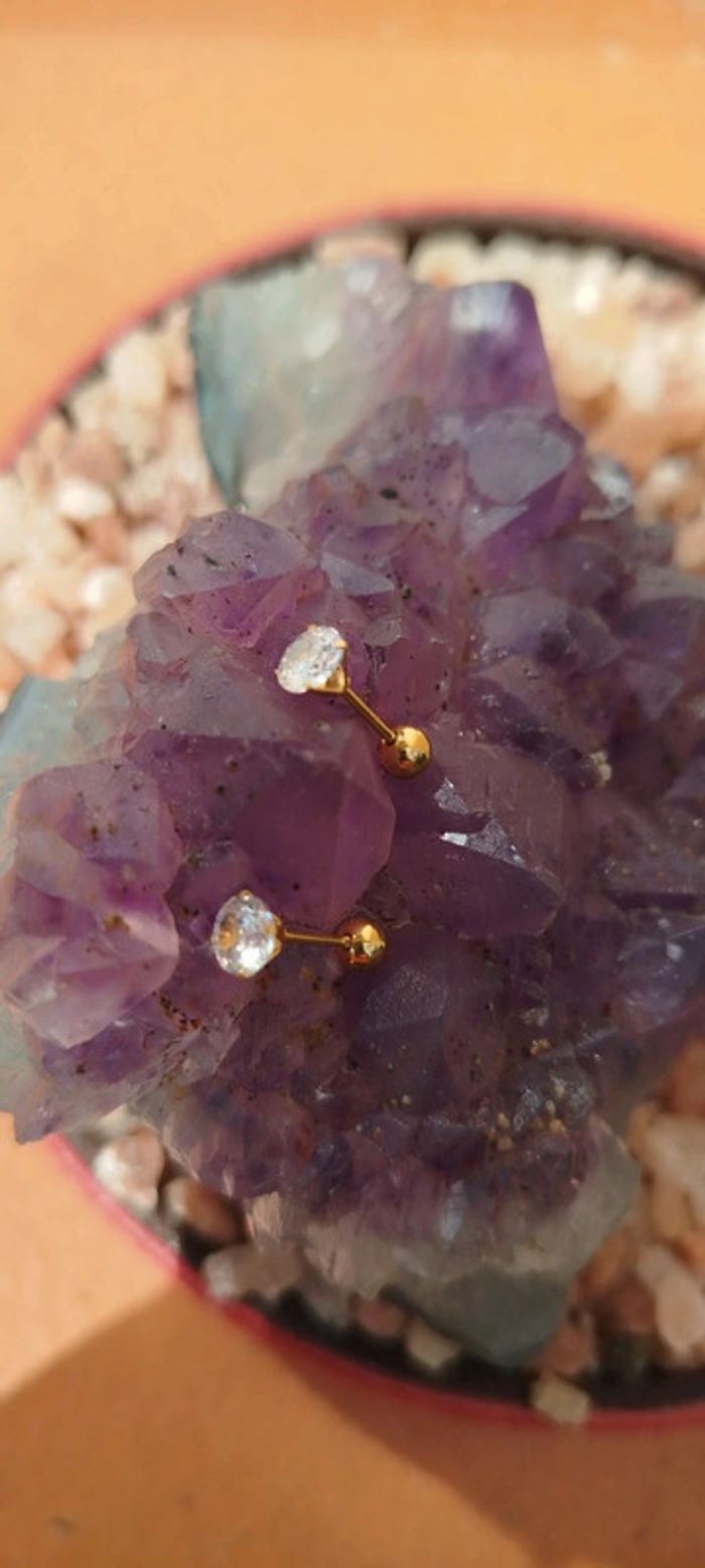 Éclatants Clous plaqué Or 24 carats et son Zircon authentique. - photo numéro 4