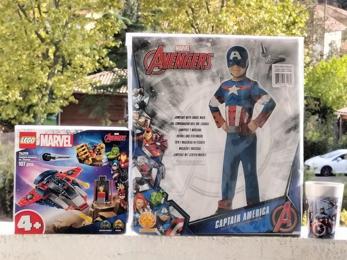 Lego Marvel Captain america contre thanos déguisement capitain america 5/6 ans et gobelet